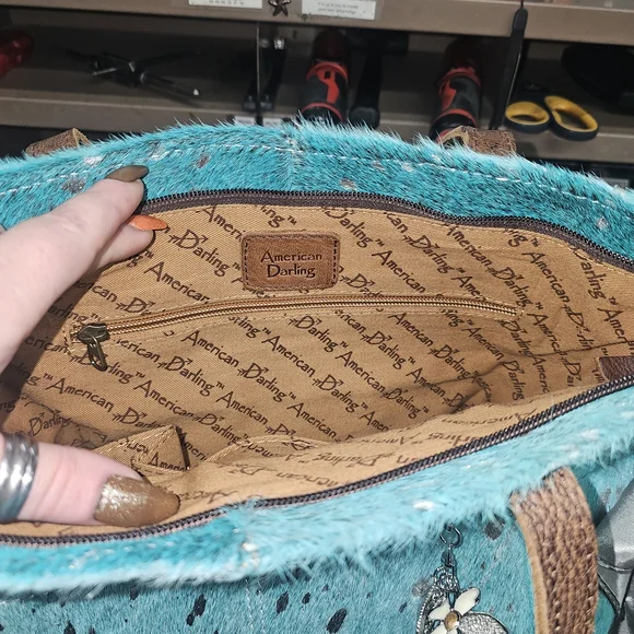 American Darling Turquoise Tote Bag with Brown Leather Accents - Picture 4 of 6